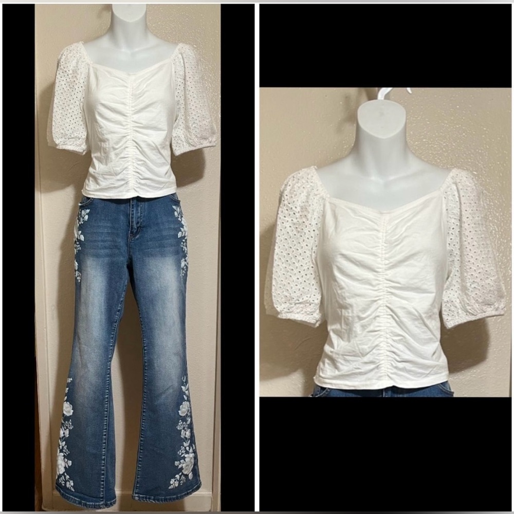 GAP White Ruched Top with Eyelet Sleeves